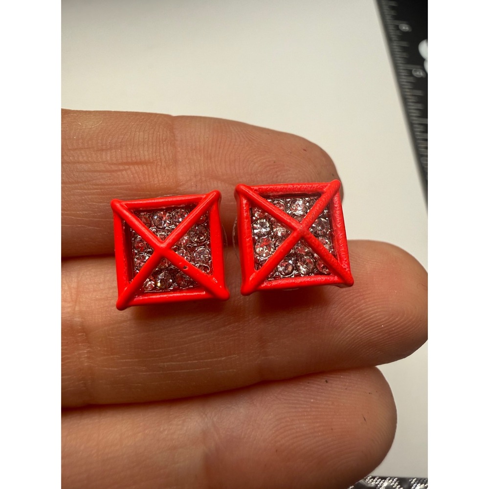 J.Crew Red Enamel Square Crystal Pave Stud Earrings Geometric Statement Jewelry